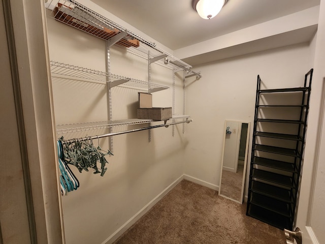 spacious closet featuring dark carpet