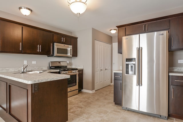 kitchen with sink, dark brown cabinets, kitchen peninsula, and stainless steel appliances