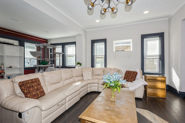 living room with ornamental molding and dark hardwood / wood-style floors