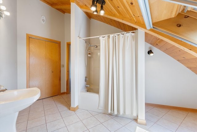 bathroom with shower / bath combo, tile patterned flooring, high vaulted ceiling, and wooden ceiling