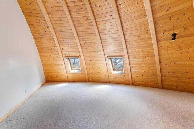 additional living space featuring lofted ceiling with skylight, carpet, wood ceiling, and wood walls