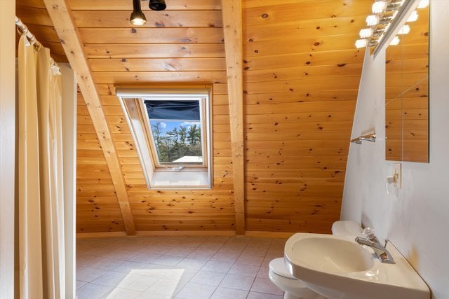 bathroom with sink, wooden walls, toilet, and a skylight