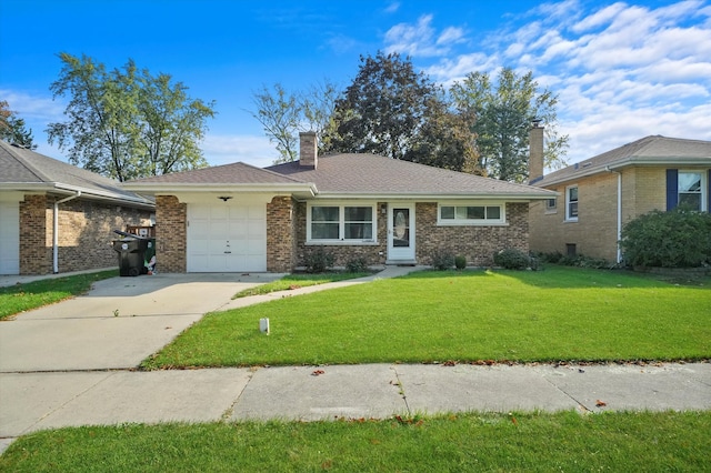 ranch-style home with a garage and a front lawn