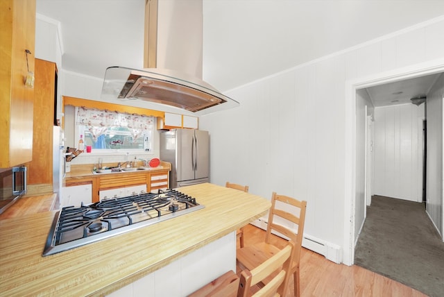 kitchen featuring appliances with stainless steel finishes, sink, island range hood, crown molding, and light hardwood / wood-style flooring