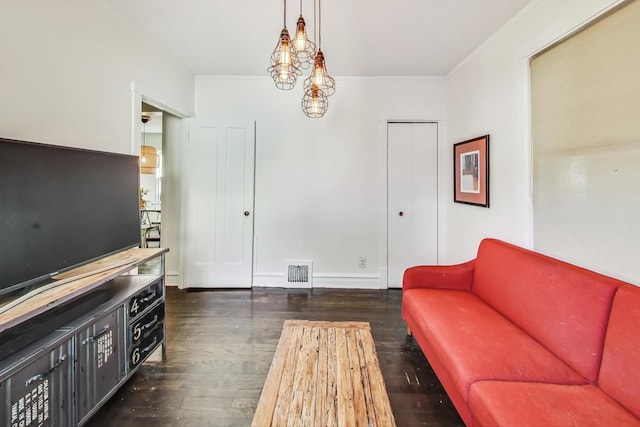 living room featuring dark wood-type flooring