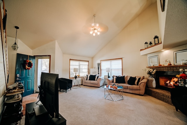 carpeted living room featuring high vaulted ceiling and a fireplace