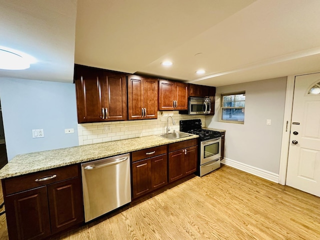 kitchen featuring a sink, stainless steel appliances, backsplash, light wood-style flooring, and baseboards