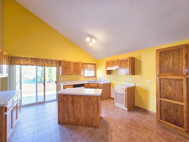 kitchen with light tile patterned floors, a kitchen island, high vaulted ceiling, white dishwasher, and sink