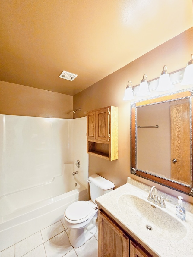 full bathroom featuring toilet, shower / bathing tub combination, vanity, and tile patterned floors