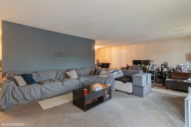 carpeted living room featuring a textured ceiling