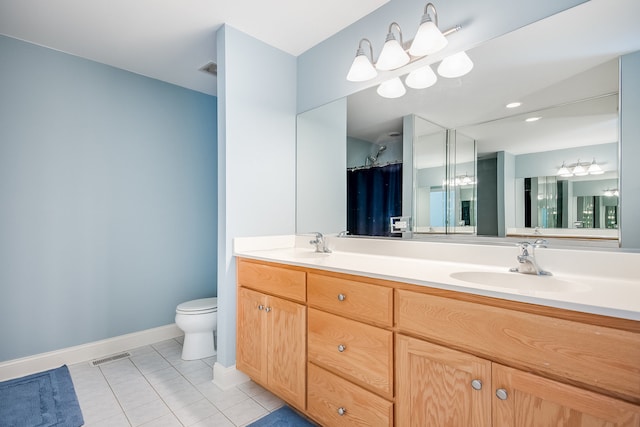 bathroom with vanity, toilet, tile patterned flooring, and a shower with shower curtain