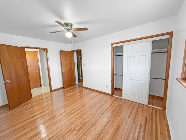 unfurnished bedroom with a closet, ceiling fan, and light hardwood / wood-style flooring