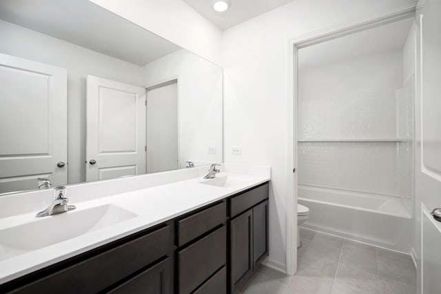 full bathroom with toilet, shower / washtub combination, vanity, and tile patterned floors