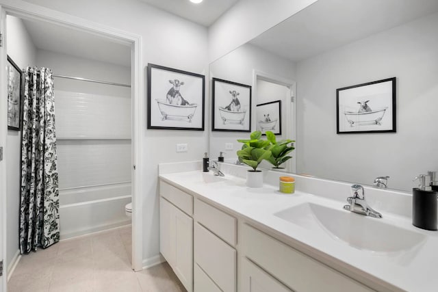 full bathroom with vanity, toilet, shower / tub combo, and tile patterned flooring