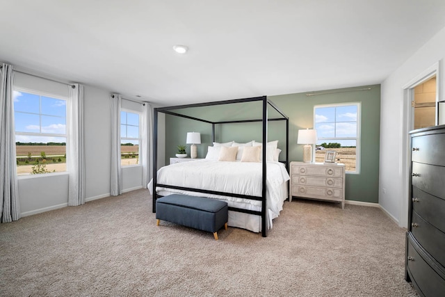 bedroom with light carpet and multiple windows