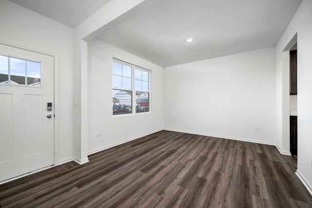 entryway with a wealth of natural light and dark hardwood / wood-style flooring