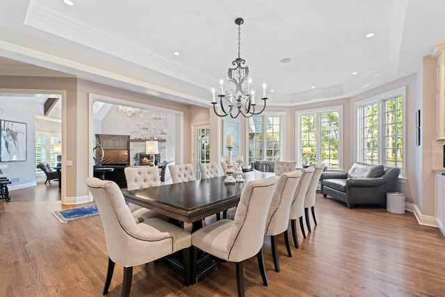 dining room with a chandelier, a raised ceiling, wood finished floors, and a wealth of natural light