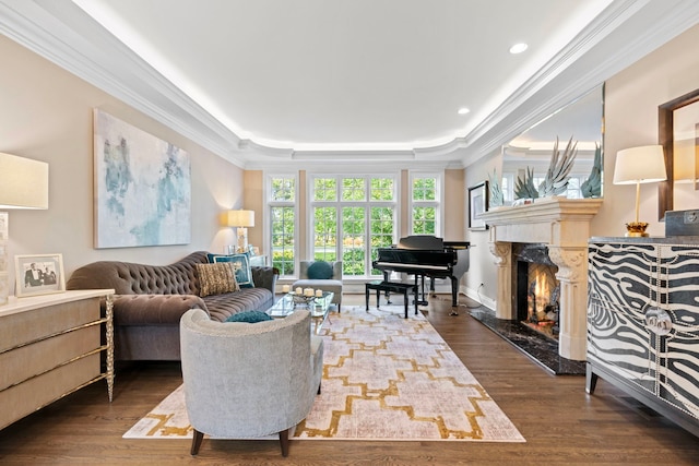 living area with wood finished floors, a high end fireplace, ornamental molding, and a tray ceiling
