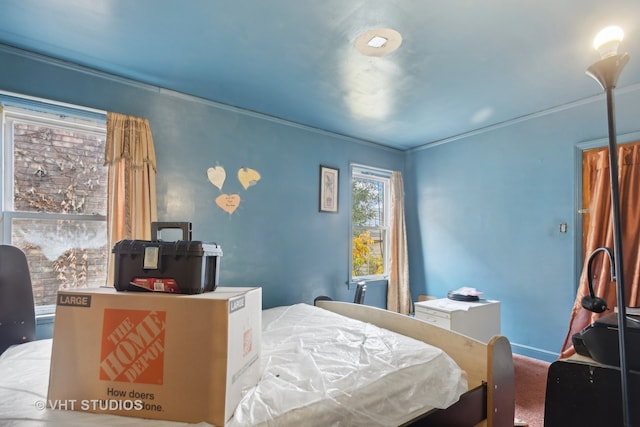 carpeted bedroom featuring crown molding