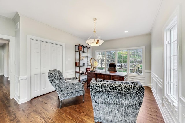 office featuring ornamental molding and dark wood-type flooring