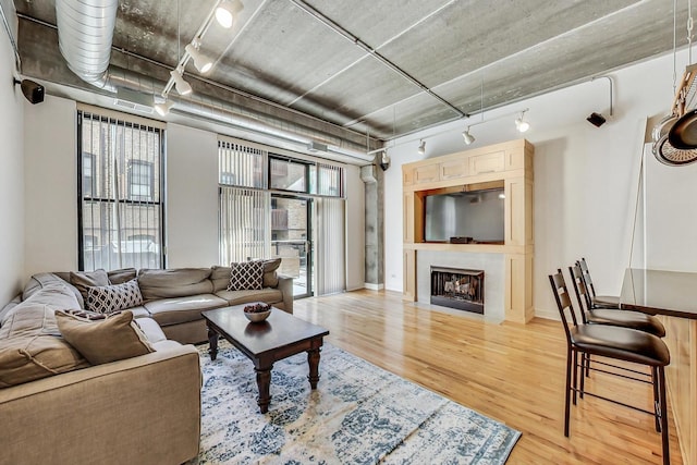 living room with hardwood / wood-style flooring and track lighting