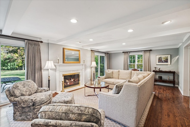 living room with beamed ceiling, dark wood-type flooring, and a premium fireplace