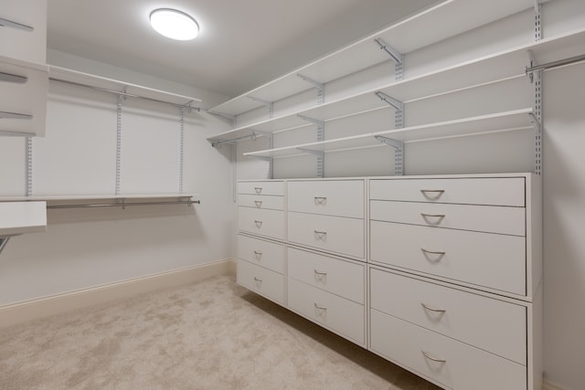 walk in closet with light colored carpet