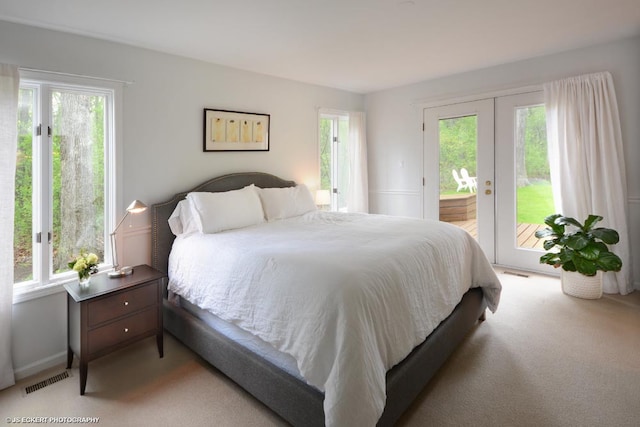 carpeted bedroom featuring ensuite bath, access to outside, and multiple windows