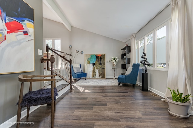 foyer with vaulted ceiling with beams, plenty of natural light, and dark wood-type flooring