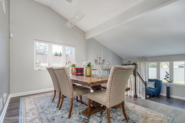 dining area with dark wood-type flooring, an inviting chandelier, and a healthy amount of sunlight