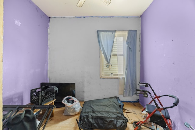 interior space featuring wood-type flooring and ceiling fan