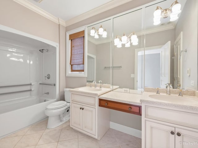full bathroom with toilet, vanity, crown molding, tile patterned flooring, and shower / bathtub combination