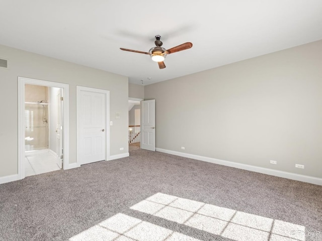 unfurnished bedroom with connected bathroom, light carpet, and ceiling fan