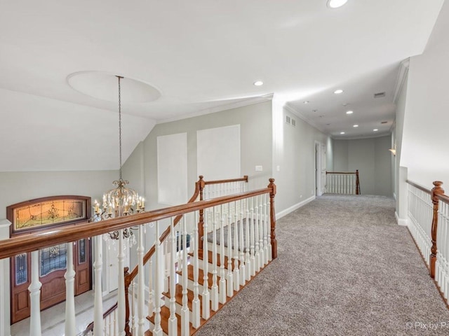 239 Indian Trail Rd, North Barrington, IL 60010 - hall featuring an upstairs landing, a chandelier, carpet flooring, recessed lighting, and crown molding