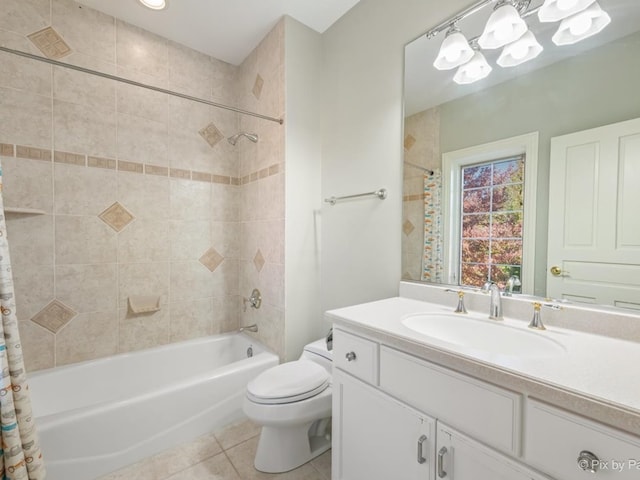 full bathroom with vanity, shower / bath combination with curtain, toilet, and tile patterned flooring