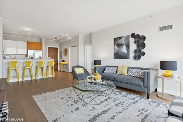 living room with wood-type flooring, rail lighting, and radiator