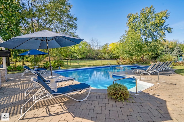 view of swimming pool featuring a patio area