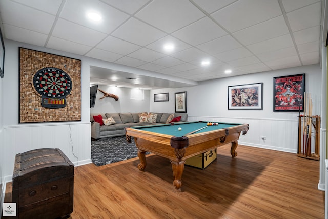 playroom with billiards, light wood-type flooring, and a drop ceiling