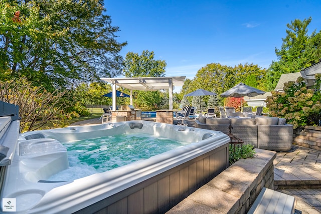 exterior space with a hot tub