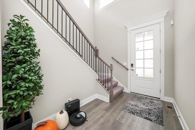 entrance foyer with a wealth of natural light, light hardwood / wood-style floors, and a high ceiling