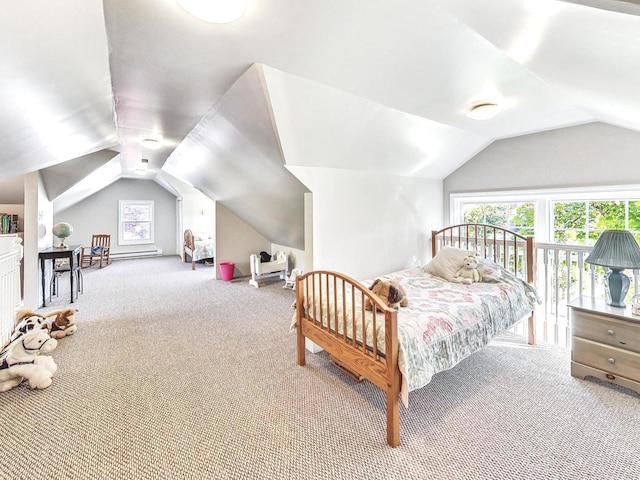 bedroom featuring light colored carpet and vaulted ceiling