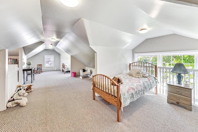 bedroom featuring light carpet and vaulted ceiling