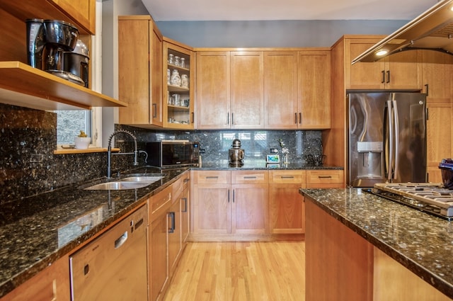 kitchen featuring decorative backsplash, dark stone counters, light hardwood / wood-style flooring, sink, and stainless steel appliances