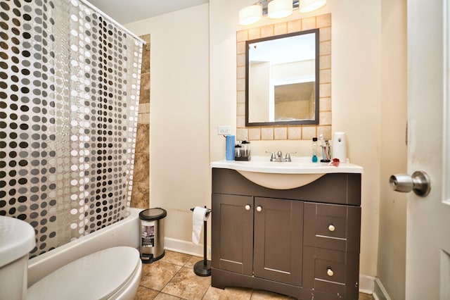 full bathroom featuring vanity, shower / bath combination with curtain, toilet, and tile patterned floors