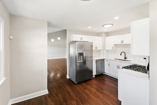 kitchen with white cabinetry, sink, stainless steel appliances, and dark hardwood / wood-style floors