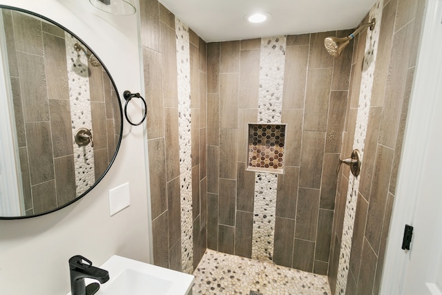 bathroom with tiled shower and sink