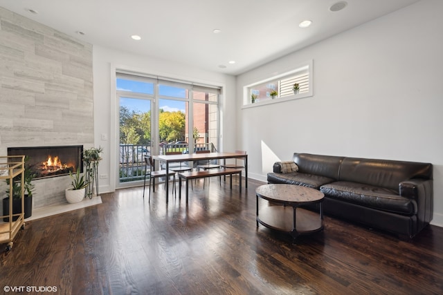 living room featuring a tiled fireplace and wood-type flooring