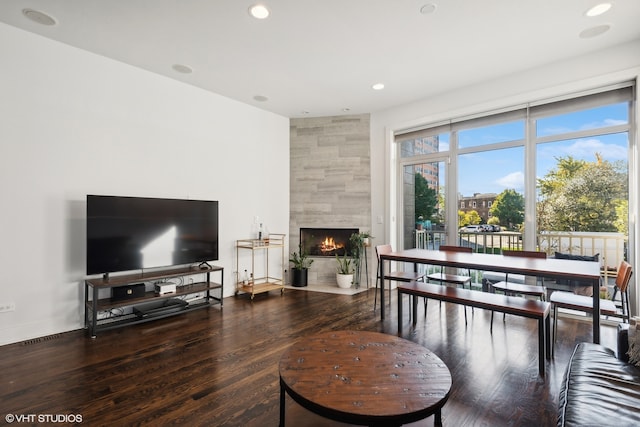 living room featuring hardwood / wood-style flooring and a large fireplace