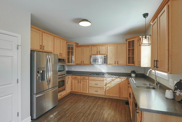 kitchen with appliances with stainless steel finishes, sink, dark wood-type flooring, and pendant lighting