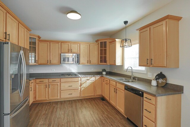 kitchen featuring light brown cabinetry, sink, dark hardwood / wood-style flooring, hanging light fixtures, and stainless steel appliances